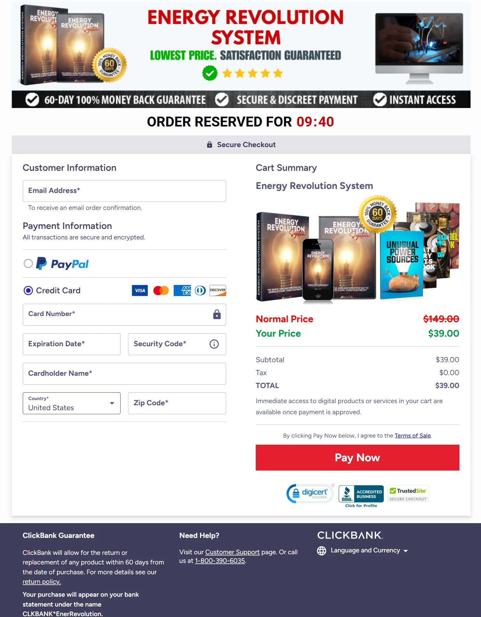 Energy Revolution System checkout page with secure order and instant access details